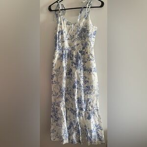 Gap Blue and Cream Floral Midi Tie Strap Tiered Dress 100% Cotton